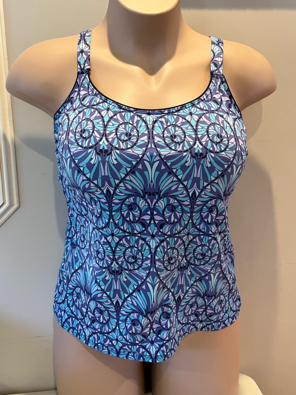 Lands' End Women’s Swimsuit Bathing Suit Purple Navy Art Deco Tankini Top 14